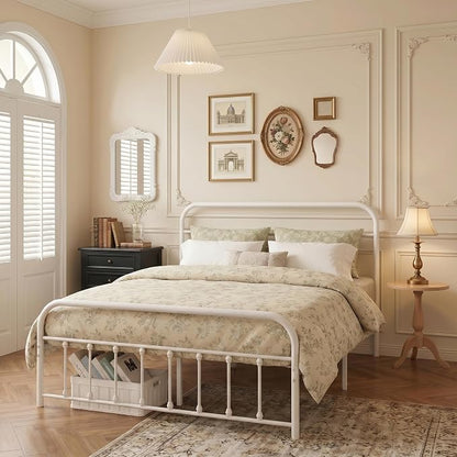 VECELO White Metal Bed Frame Queen Size with Vintage Headboard and Footboard, No Box Spring Needed, Premium Stable Steel Slat Support Mattress Foundation