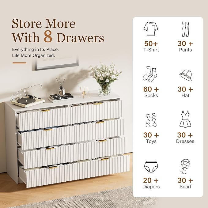 Furniway White 8 Drawer Dresser for Bedroom, Modern Dresser with Smooth Slides, Wide Chest of Drawers with Golden Handles for Bedroom, Living Room, Closet, 15.7" D x 55" W x 37.4" H