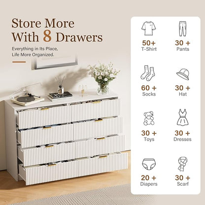 Furniway 9 Drawer White Dresser for Bedroom, 63" Modern Fluted Dresser with Gold Handles and Smooth Slides, Wide Chest of Drawers for Closet, Living Room, Hallway