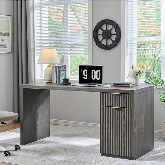 60" Modern Executive Desk, Reversible Left‑Right Cabinet, Built‑in Outlet | Reversible design lets you fix the cabinet on left‑hand or right‑hand side to fit your room layout