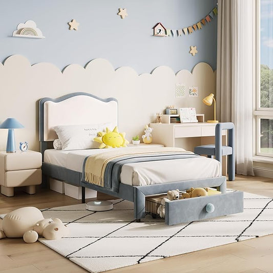 GarveeHome Upholstered Twin Bed Frame with Storage Drawer & Scallop Headboard, Princess Twin Size Platform Bed Frames for Kids Girls, Wooden Slats Support, No Box Spring Needed, Pink/White (Blue)