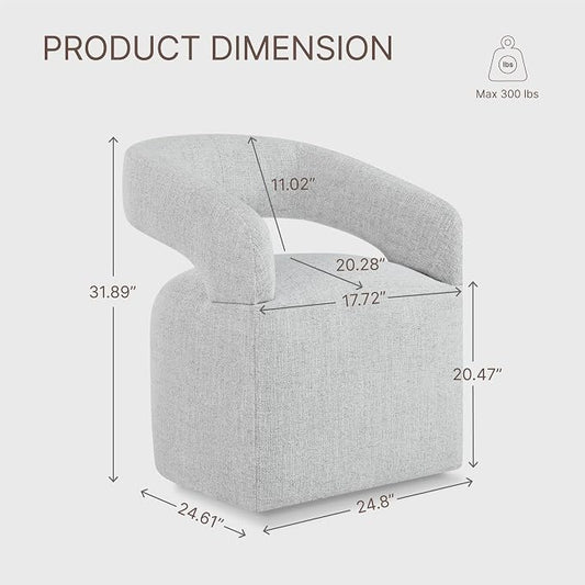 KISLOT Upholstered Dining Chairs Set of 1, Modern Arm Kitchen & Dining Room Chairs with Hidden Casters, Linen Fabric Padded Rolling Chairs, Sturdy Wood Frame, 300 lbs Capacity, Light Grey