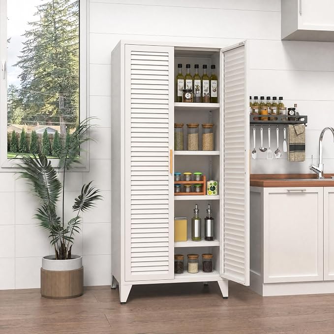 White Metal Storage Cabinet with Doors and 3 Adjustable Shelves 61"Tall Multifunctional Steel Heavy-duty Storage Locker for Kitchen Living Room Bedroom Home Office School 61"H X 27.6"W X 13.8"D