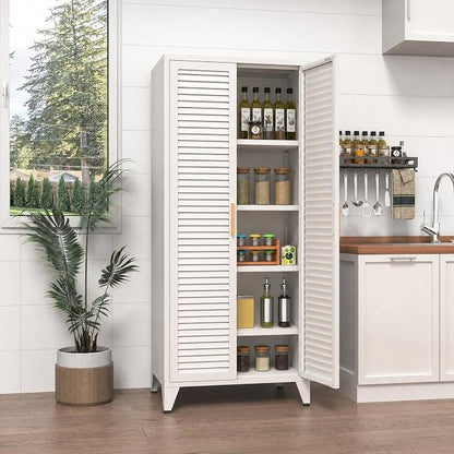 White Metal Storage Cabinet with Doors and 3 Adjustable Shelves 61"Tall Multifunctional Steel Heavy-duty Storage Locker for Kitchen Living Room Bedroom Home Office School 61"H X 27.6"W X 13.8"D