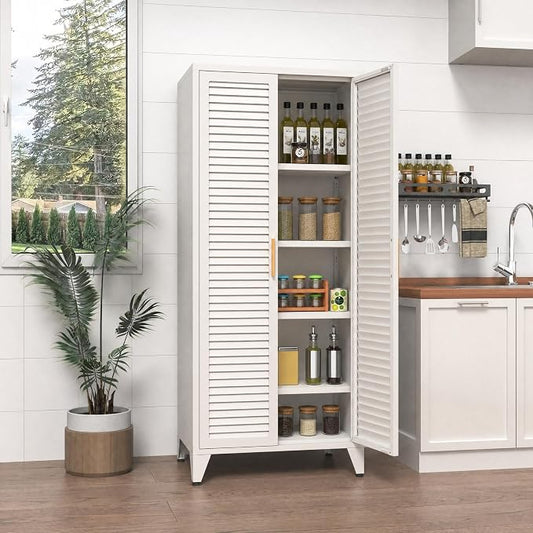 White Metal Storage Cabinet with Doors and 3 Adjustable Shelves 61"Tall Multifunctional Steel Heavy-duty Storage Locker for Kitchen Living Room Bedroom Home Office School 61"H X 27.6"W X 13.8"D