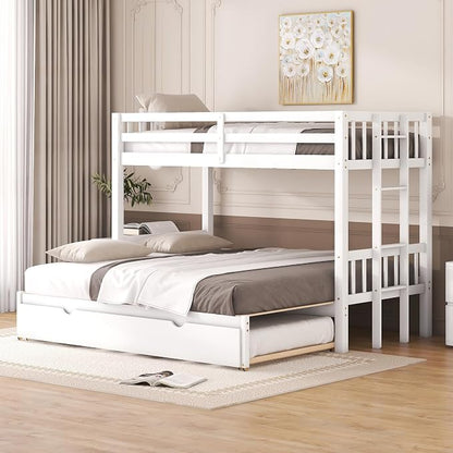 Extendable Bunk Bed with Trundle, Twin Over Double Twin Bunk Bed Frame, Upgraded Version Wooden Bunk Bed with Trundle, Pull-Out Bunk Bed Frame Can Be Extendable, No Spring Box Needed, White