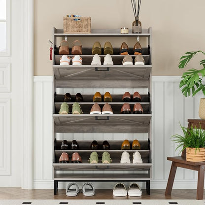 BORNOON Shoe Cabinet with 3 Flip Drawers Narrow Shoe Storage Cabinet Organizer Wooden Freestanding Shoe Rack Hidden Slim Shoes Storage Cabinet for Entryway, Hallway, Living Room, Bedroom