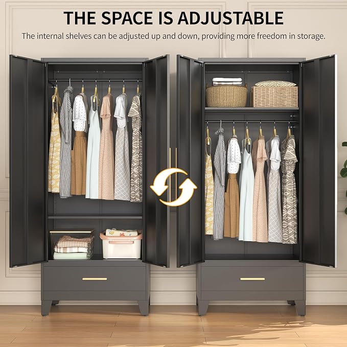 72" Tall Metal Wardrobe Closet - Large Clothing Storage Cabinet with 1 Hanging Rod, 1 Adjustable Shelve, 1 Drawer & Mirror Doors - Closet Organizer for Bedroom, Office, Laundry Room, Garage - Black