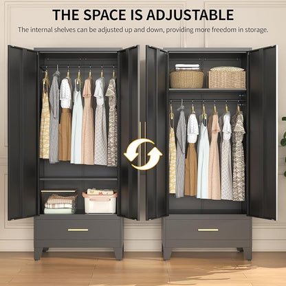 72" Tall Metal Wardrobe Closet - Large Clothing Storage Cabinet with 1 Hanging Rod, 1 Adjustable Shelve, 1 Drawer & Mirror Doors - Closet Organizer for Bedroom, Office, Laundry Room, Garage - Black