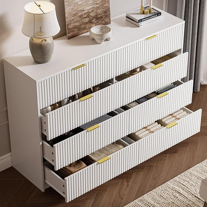 MAISONARIA 3-Piece Dresser Bedroom Set, 8 Drawer Dresser & 2 Drawer Nightstands with Gold Handles, Fluted Wood Chest of Drawers for Bedroom, Living Room, Entryway, White