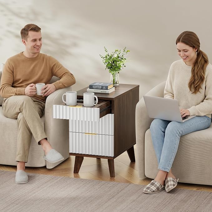 Kalrin Narrow Nightstand with Hidden Outlets & USB Ports, Modern Fluted Bedside Table with 3 Drawers, Engineering Wooden End Tables for Bedroom and Living Room(Brown & White)