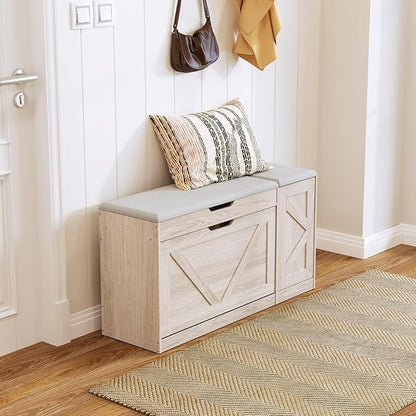 34" Storage Bench with Flip Drawers and Barn Doors, Adjustable Shelf, Flip-up Cabinet & Padded Cushion - Space-Saving Shoe Cabinet, Organizer for Entryway, Hallway, Bedroom
