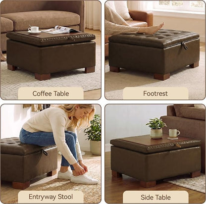 30 Inch Square Storage Ottoman Coffee Table, Modern Tufted Upholstered Ottoman with Flip Tray and Solid Wood Legs, Suitable for Living Rooms, Faux Leather Coffee