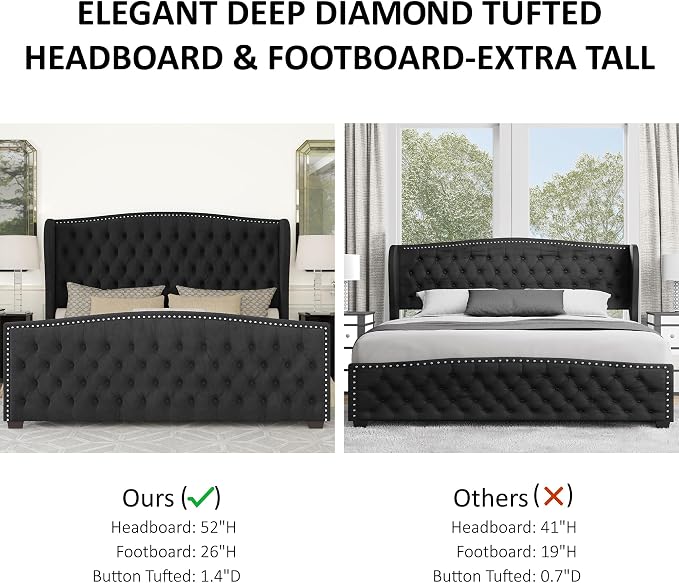 AMERLIFE Queen Size Platform Bed Frame, Velvet Upholstered Bed with Deep Button Tufted & Nailhead Trim Wingback Headboard/No Box Spring Needed/Black