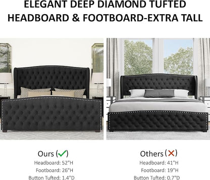 AMERLIFE Queen Size Platform Bed Frame, Velvet Upholstered Bed with Deep Button Tufted & Nailhead Trim Wingback Headboard/No Box Spring Needed/Black