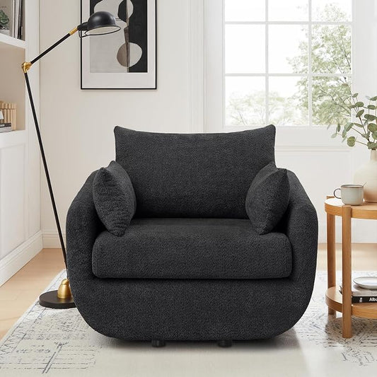 360° Swivel Accent Armchair, 39.3" Oversized, Sherpa Boucle Fabric Sofa Chair with Removable Back & Arm Pillows, Swivel Chair with Cozy Soft Padded (1, Dark Gray)