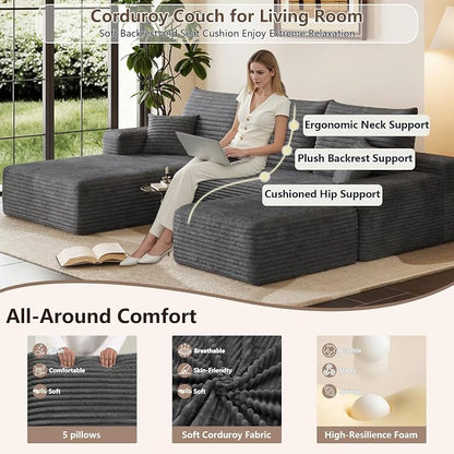 95" Cloud Sectional Couch U-Shaped Chaise with Ottoman, Corduroy Boneless Couch for Living Room Bedroom, Deep-Seat Upholstered Modular Cloud Sofa, No Assembly Required (Grey, Left Facing Chaise)