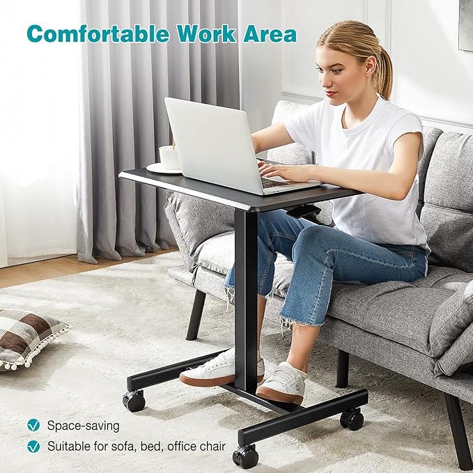 DUMOS Mobile Rolling Desk with Wheels Adjustable Height Small Standing Desks Portable Laptop PC Table Computer Workstation for Home Office Small Space Modern Black