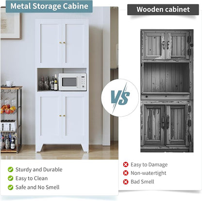 69" Tall Metal Pantry Cabinet with Microwave Stand,Microwave Storage Cabinet with 4 Doors & 3 Adjustable Shelves for Kitchen (4doors-White, 13.78" D x 27.54" W x 68.9" H)