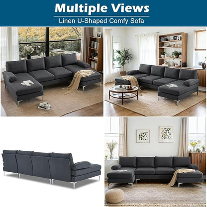 VINGLI 110" Modern Sectional Couch with 51" D Double Chaise, Dark Grey Deep Seat U Shaped Couch with Removable Pillows & Metal Legs, Comfy 4-Seat Sofas for Living Room, Linen Fabric