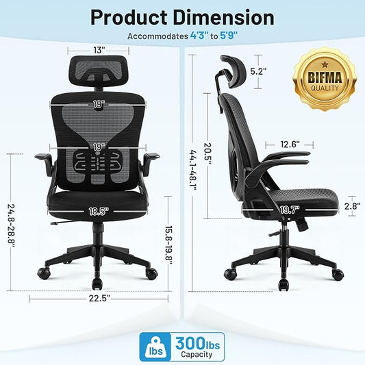 Office Chair Ergonomic Desk Chair with Adjustable Headrest Lumbar Support, High Back Breathable Mesh Chair with 120° Tilt & Flip-Up Armrests, Swivel Comfy Task Computer Chair for Work, Study