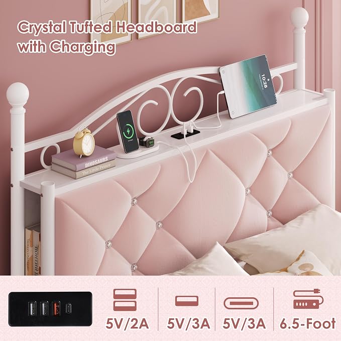 Queen Upholstered Canopy Bed Frame with 2 Drawers & Crystal Tufted Storage Headboard Two-Purpose Metal Platform Bed with 4 Removable Posts & Charging Station Pink Princess Bed, Curtain Not Included