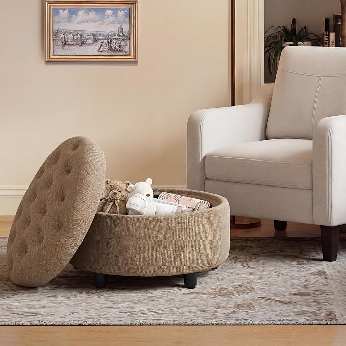 COLAMY Round Hidden Storage Ottoman with Reversible Tray Lid – Multi-Functional Footrest, Sturdy & Stylish Fabric Coffee Table for Living Room, Bedroom, or Entryway, Camel