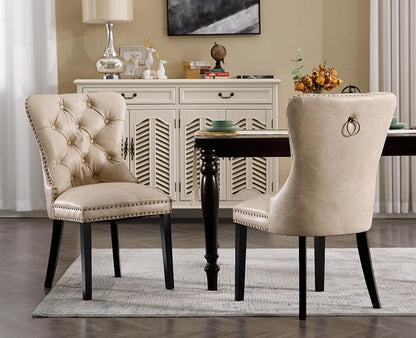 EALSON Modern Dining Chairs Set of 6 Mid Century Leather Dining Room Chairs with Wood Legs Tufted Upholstered Kitchen Side Chairs with Nail Head Trim for Dining Room/Living Room, Beige with Ring
