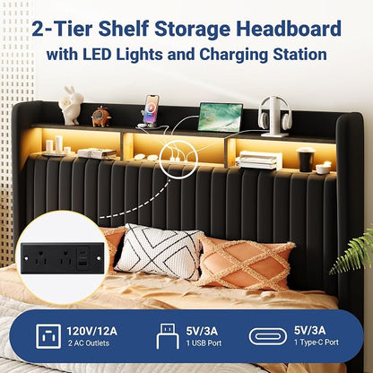 Allewie King Size Lift Up Hydraulic Storage Bed Frame, 2-Tier Shelf Headboard with LED Lights and Charging Station, USB and Type C Ports, Wingback Velvet Headboard, No Box Spring Needed, Black