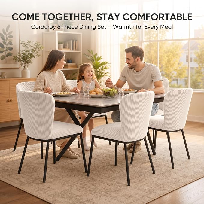 SIMTONAL Upholstered Dining Chairs Set of 2, Corduroy Armless Kitchen Chairs with Memory Foam Seat, Black Metal Legs, Mid Century Modern Accent Seating for Apartment, Vanity, [Beige]