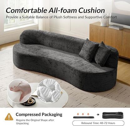 95" Modern Curved Compressed Sofa, All-Foam 3-Seater Cloud Couch with 2 Pillows, No Assembly Required Boneless Sofas for Living Room, Charcoal