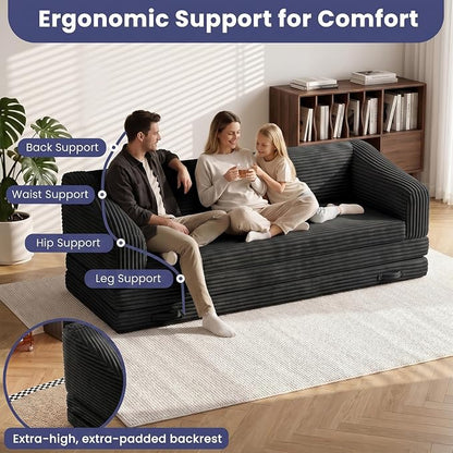 JUIKURY Convertible Sofa Bed, 3-in-1 Foldable Loveseat Couch with Armrest, Corduroy Floor Sofa & Sleeper Bed, No Assembly High-Density Foam Futon Mattress for Living Room, Small Apartment, Dorm