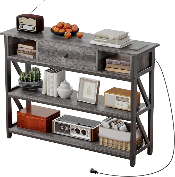 Mexin 39 Inch Console Table with 2 Outlet and 2 USB Ports, Entryway Table with Drawer and Storage Shelves, Narrow Sofa Table for Living Room and Hallway, Grey Oak