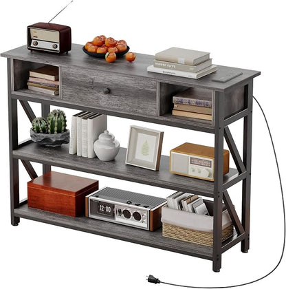 Mexin 39 Inch Console Table with 2 Outlet and 2 USB Ports, Entryway Table with Drawer and Storage Shelves, Narrow Sofa Table for Living Room and Hallway, Grey Oak