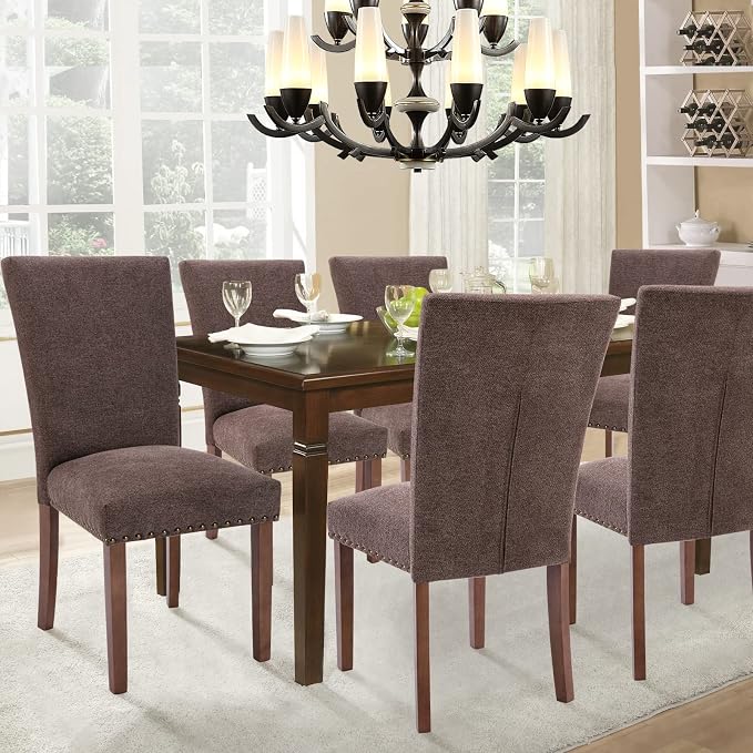 Parsons Dining Chairs Set of 2, Upholstered Nailhead Dining Room Kitchen Side Chair with Thick Cushions and Wood Legs, Brown