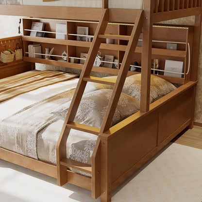 Merax Twin Over Queen Bunk Bed,Wood bunk Bed with LED,Bed with Integrated Shelving, Color-Changing Lights and Pegboard, Twin XL Over Queen, Brown