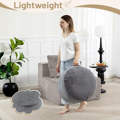 Round Stuffed Pouf Ottoman,Corduroy Foot Rest with Rebound Foam Filled, Furry and Fluffy Foot Stool Ottoman, Floor Poufs for Living Room (Gray, 26" D x 26" W x 18" H)