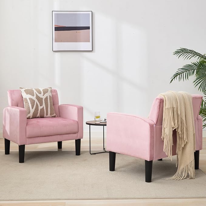 TYBOATLE Accent Chairs Set of 2, Mid Century Modern Upholstered Tufted Living Room Chair for Bedroom, Armchair Single Sofa,Reading Lounging Side Lounge Office Chair (Pink)