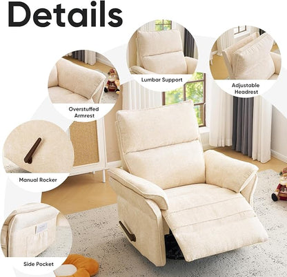 Rocking Chair Nursery with Adjustable Headrest,Manual Swivel Rocker Recliner Nursery Chair with Overstuffed Armrest,Glider Rocker Recliner for Living Room & Bedroom,Beige