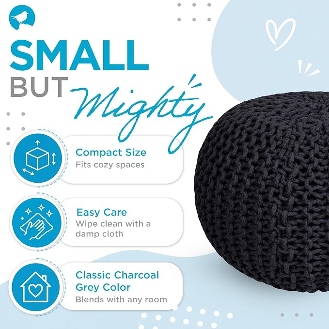 BIRDROCK HOME Round Pouf Ottoman Foot Rest - 18.5”x18.5”x15” Boho Compact Comfortable Soft Cotton Braided Foot Stool with Bean Bag Filling for Living Room, Bedroom, or Nursery (Charcoal Gray)