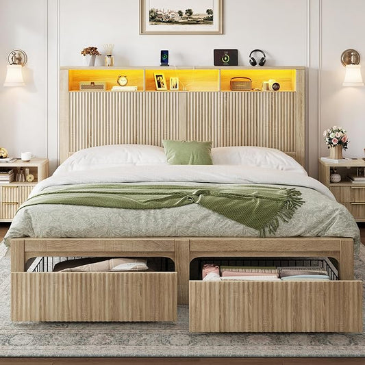 CypBed Queen Size Bed Frame with Headboard and Storage Drawers, Queen Bed Frame with LED Light and Charging Port, Farmhouse Wavy Design, Wood & Metal Platform, Noise-Free, No Box Spring Needed, Wood