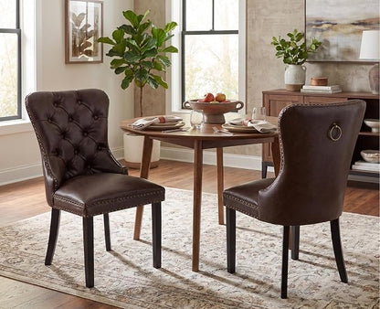EALSON Modern Dining Chairs Set of 6 Mid Century Leather Dining Room Chairs with Wood Legs Tufted Upholstered Kitchen Side Chairs with Nail Head Trim for Dining Room/Living Room, Coffee with Ring