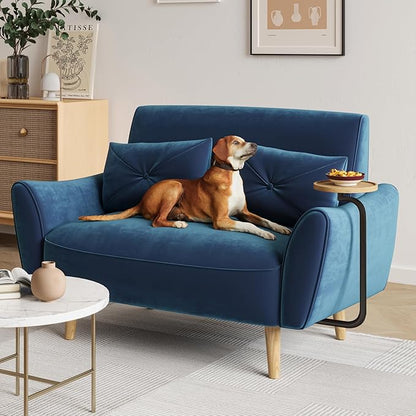 Brelice Loveseat Sofa, 47" Velvet Couch for Bedroom, Convertible Wooden Tray & Ergonomic Armrest, for Small Space, Apartment, Living Room, Home Office, Easy Assembly, Blue