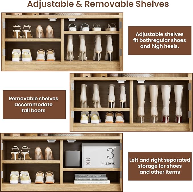 Narrow Hall Tree with Bench and Shoe Storage, Arched Entryway Coat Rack with Adjustable Shoe Cabinet,8 Hooks, Modern Rustic Mudroom Storage Organizer with Scalloped Wave Fluted Doors (Nature Oak)