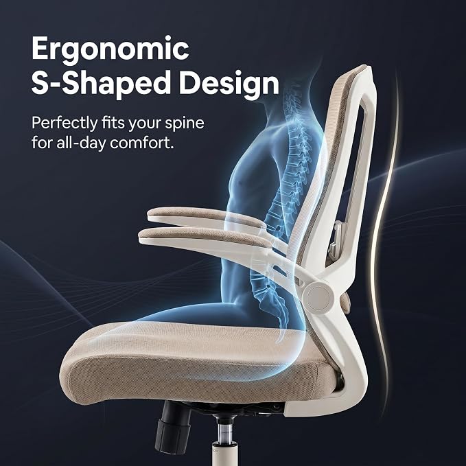Ergonomic Office Chair with Adjustable Lumbar Support & Flip-Up Armrests - High Back Computer Desk Chair with Thickened Seat Cushion, Rolling Wheels for Home/Office Study Work (08khaki)