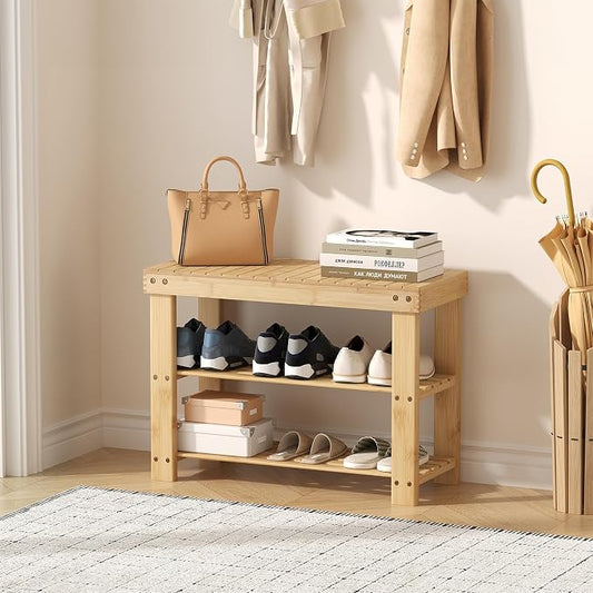 Sweetcrispy 3-Tier Shoe Rack Bench for Entryway, 27 Inches, Wood | Bamboo Shoe Storage Bench, Shoes Rack for Entrance, Bedroom, Living Room, Balcony, 6 Pairs, 286lb Capacity