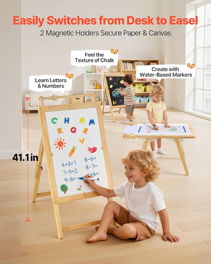 VEVOR Sensory Table for Toddlers, Wooden Kids Activity Table and Art Easel with Reversible Double-Sided Board, Storage Bins, for Boys and Girls Playing Sand and Water, Drawing, Studying, Dining