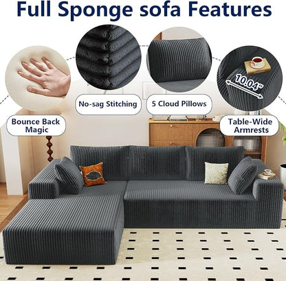 96" Modular Sectional Sofa, Modern Corduroy Cloud Couch with Deep Seat, Boneless Couch Upholstered 3-Seater L-Shaped Sofa for Living Room, No Assembly Required (Dark Grey, Left-Facing Chaise)