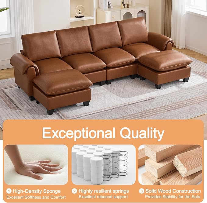 118" Faux Leather Modular Sectional Sofa with 2 Ottoman, Oversized 4 Seater Couch with Curved Armrests, Cloud Modern U-Shaped Sofa Deep Seat for Living Room, Brown