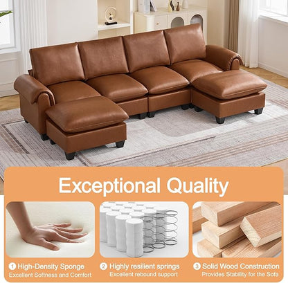 118" Faux Leather Modular Sectional Sofa with 2 Ottoman, Oversized 4 Seater Couch with Curved Armrests, Cloud Modern U-Shaped Sofa Deep Seat for Living Room, Brown